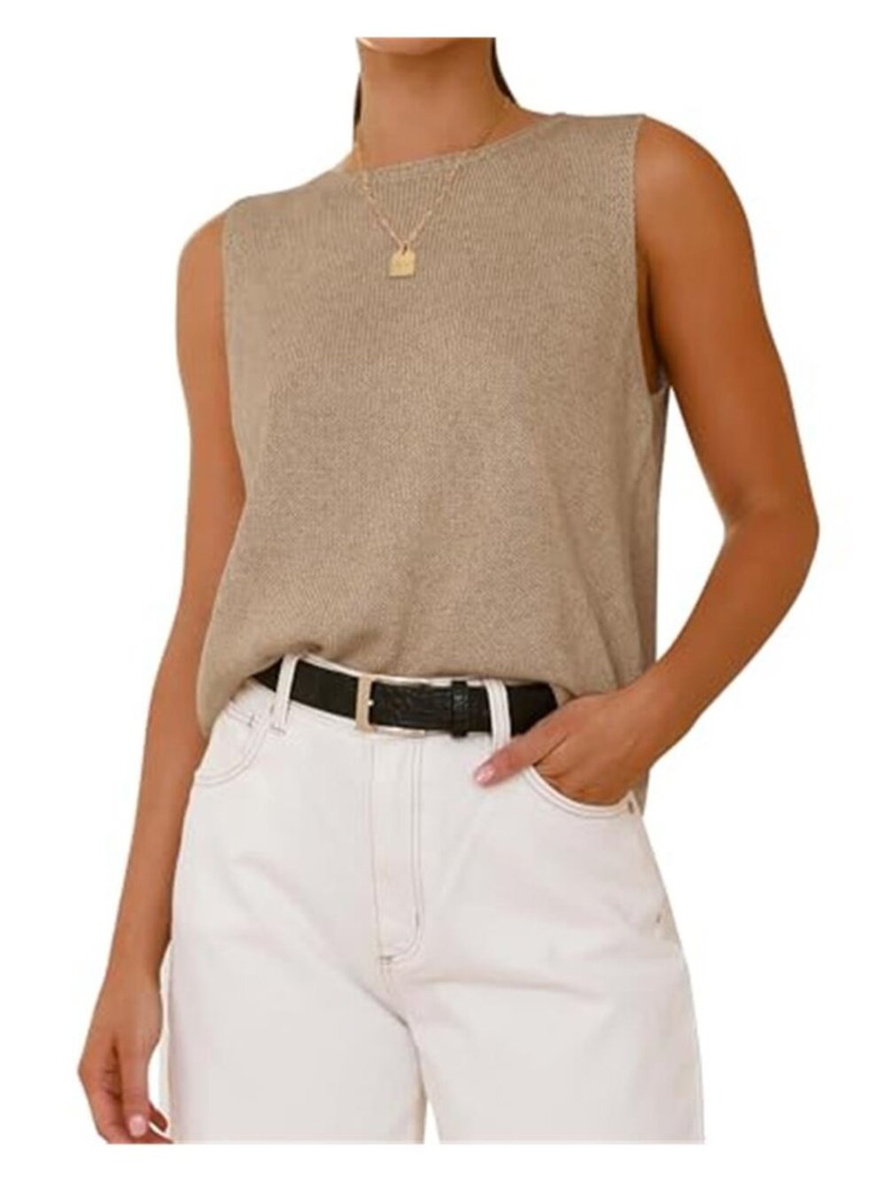 Khaki Ribbed Knit Sleeveless Sweater Vest Tank Top Loose Crew Neck Womens